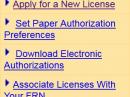 A portion of the menu on the left-hand side of the ULS license record page. "Set Paper Authorization Preferences" lets the licensee opt to receive a paper license or not. "Download Electronic Authorizations" allows the licensee to download a PDF copy of the license.